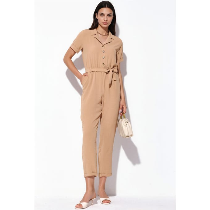 Effen Geweven Jumpsuit met Kraag en Strikdetail