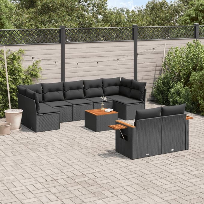 vidaXL - 10-delige - Loungeset - met - kussens - poly - rattan - zwart
