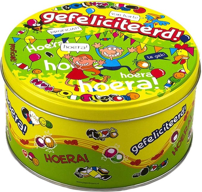 Gefeliciteerd snoeptrommel/bewaarblik kado - 14 x 7,5 cm - cadeau / verjaardag - koekblik