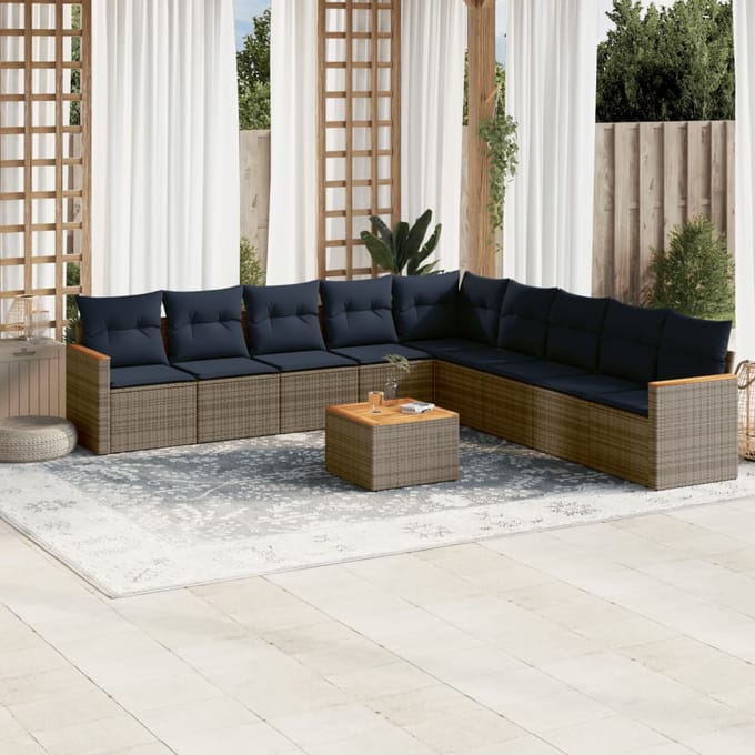 vidaXL - 10-delige - tuinbankset - met - kussens, - grijs - polyrotan