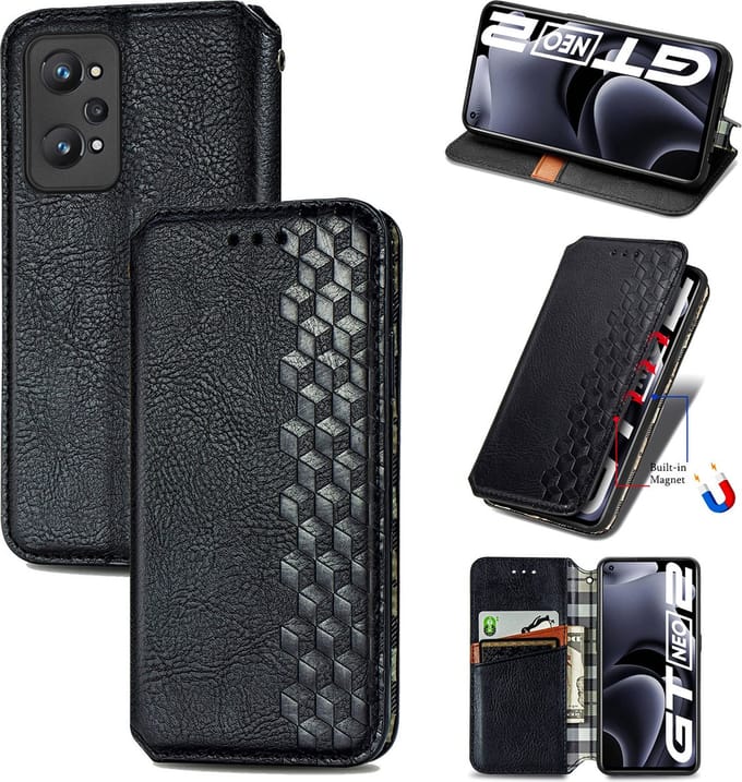 Luxe PU Lederen Ruitpatroon Wallet Case + 21D Glas Screenprotector voor OPPO Realme GT Neo2 _ Zwart