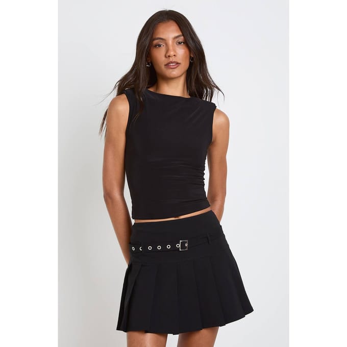 boohoo Dames Tall Geplooide Mini Rok Met Gespsdetail | Zwart | Maat: 46