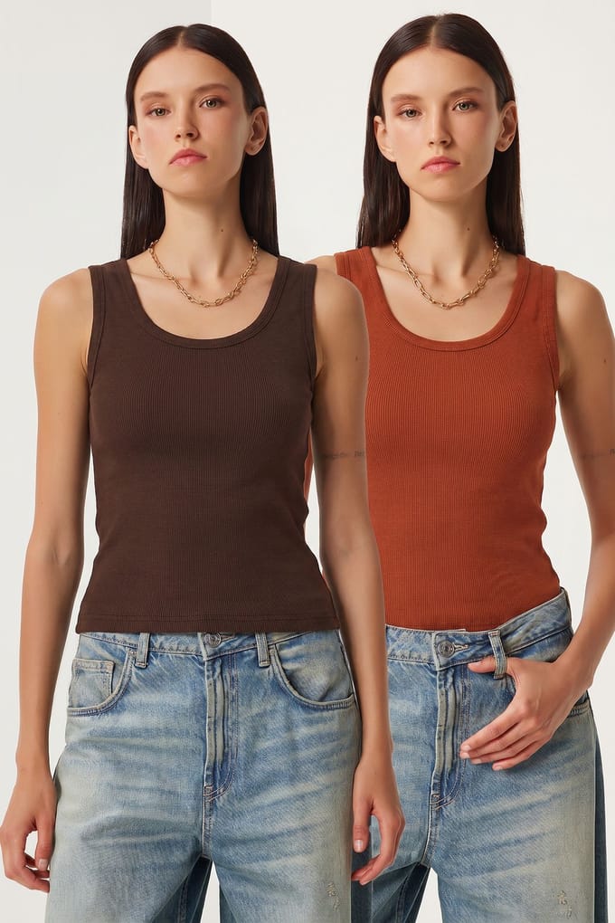 Fitted U-hals Gebreide 2-Pack Tanktop