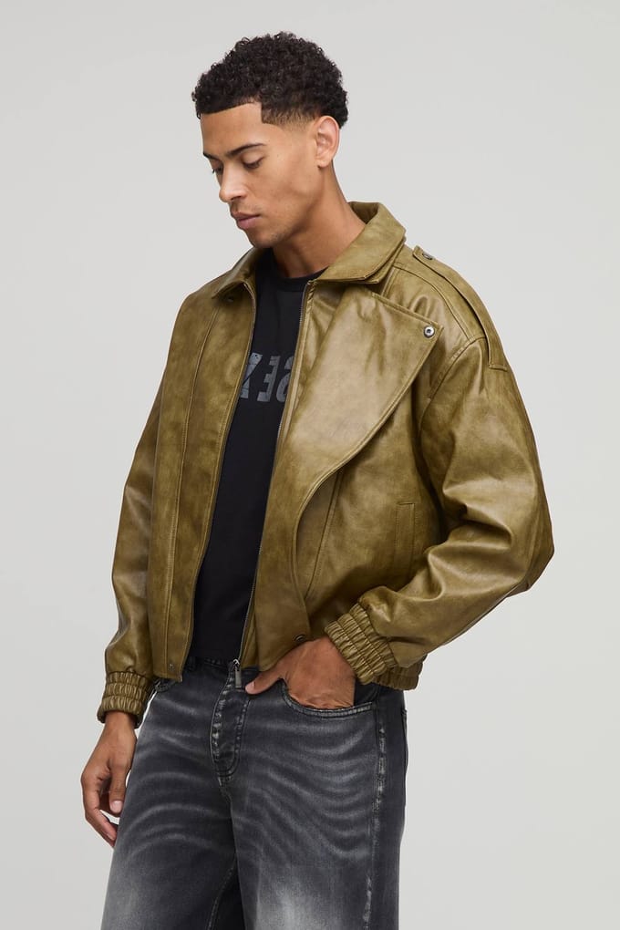 Oversized Double Collared Biker Jacket | Khaki | Size Large