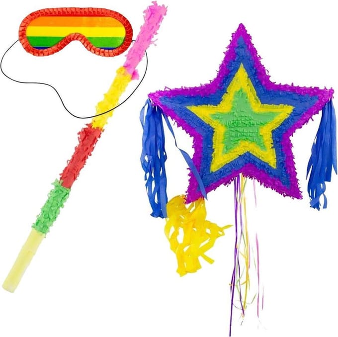 Pinata Ster Multicolor 57 cm + Pinata Stok + Pinata Blinddoek