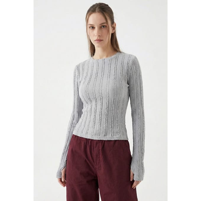 Geribbelde Crew Neck Langsleeve Blouse