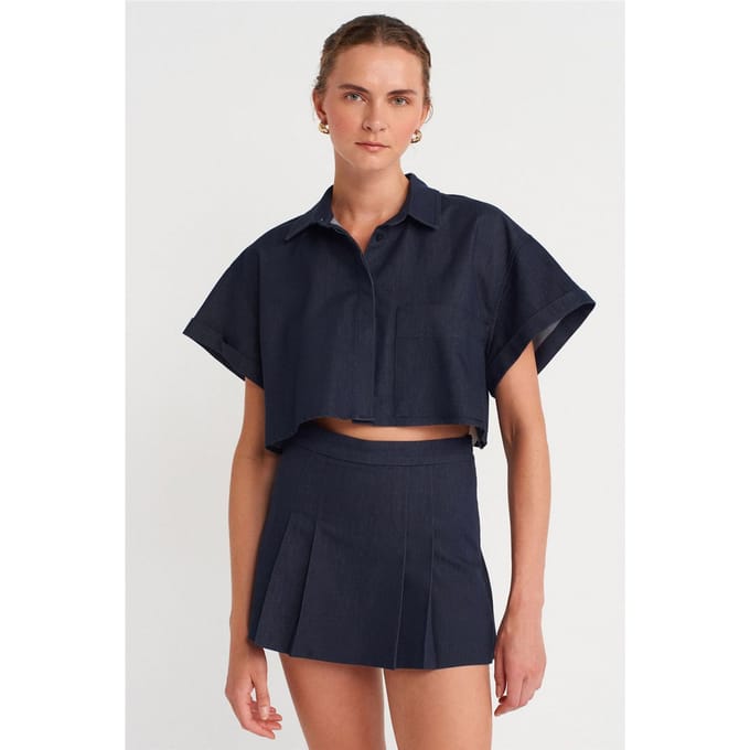 Dames Korte Geweven Knopenblouse