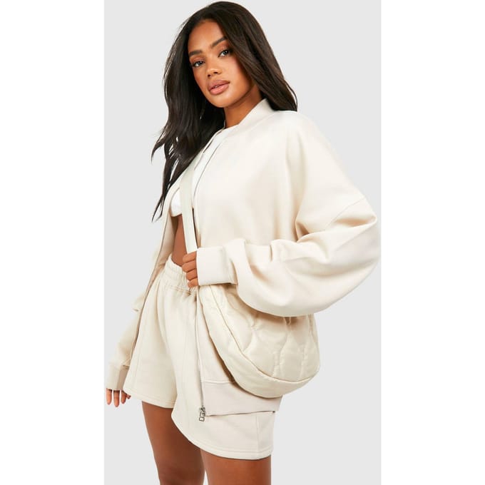 boohoo Dames Bomber Zip Door Korte Trainingspak | Steen | Maat: XS