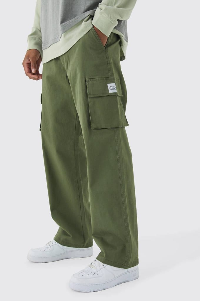 Relaxte pasvorm Fixed Waist Woven Tab Cargo Trousers | Khaki | Size 32
