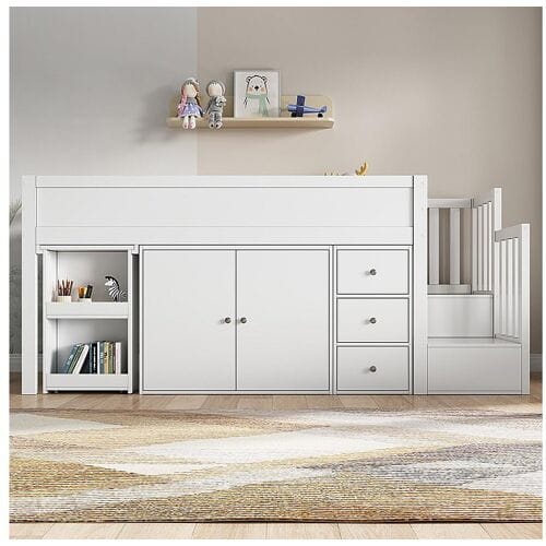 KOMHTOM Kinderstapelbed 90.200, met uitschuifbaar bureau, kledingkast, lades, trap, medium density vezelplaat, wit