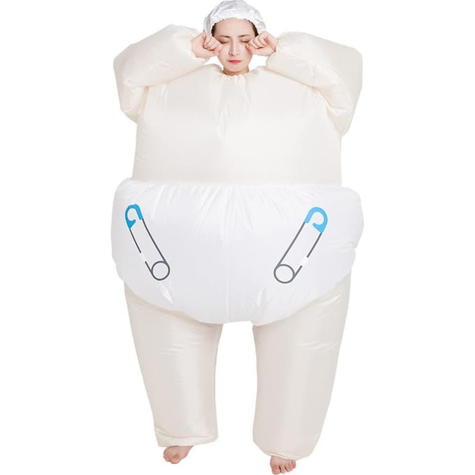 Grappig dikke man opblaaskostuum, volwassen 150-190cm beige