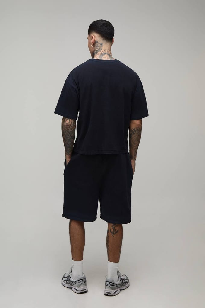 Lang Oversized Gekrompen Spray Naad Wassing T-shirt & Shorts Set | Black | Size Medium