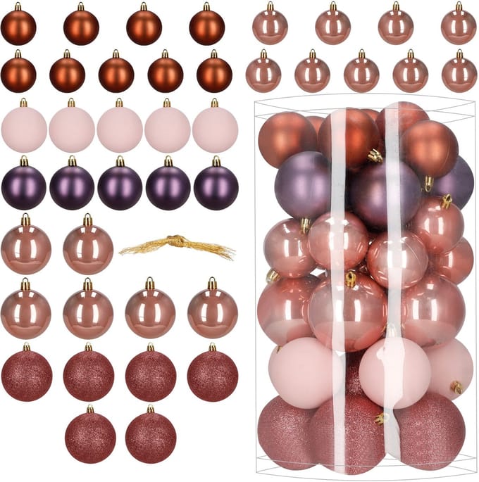 Springos Kerstballen | 40 Stuks | 7/8/9 cm | Paars | Bruin | Parelmoer | Roségoud
