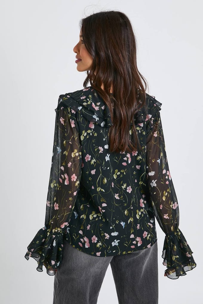 boohoo Dames Florale chiffon blouse met ruches | Black | Maat: 6