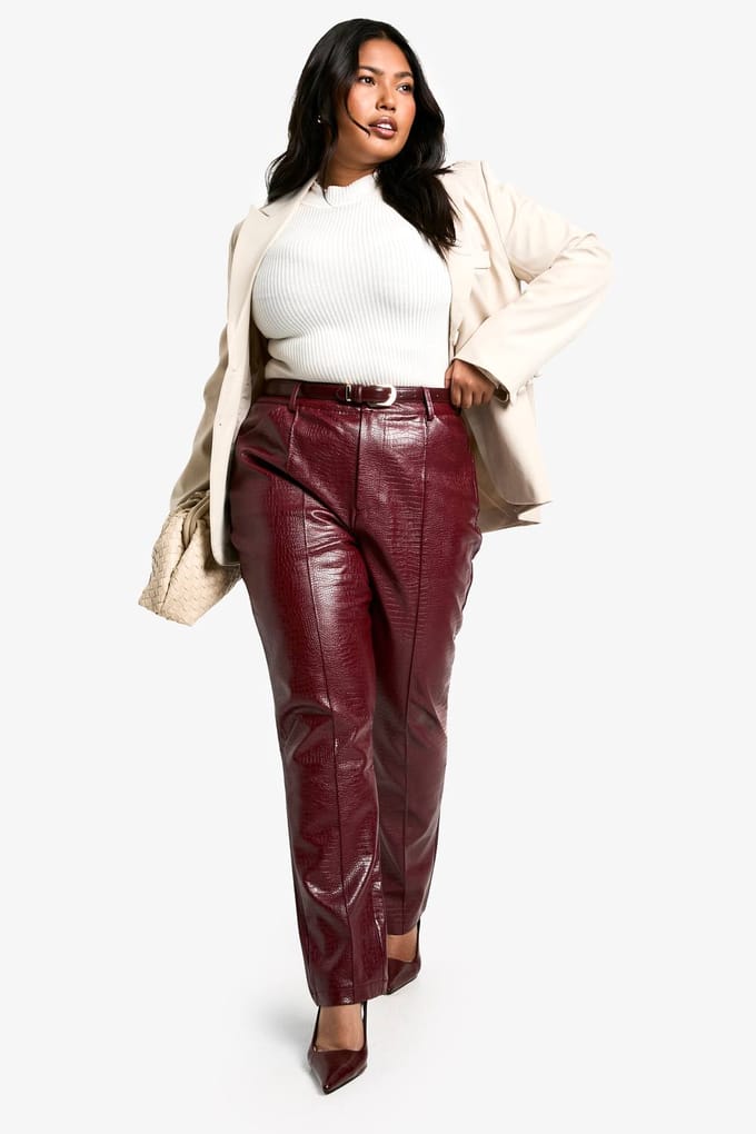 boohoo Dames Plus Slim Fit Croc PU Broek | Wijn | Maat: 50