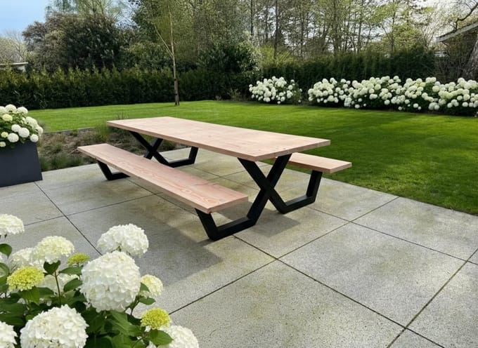 Douglashout - picknicktafel - metaal - zwart poedercoat - X Onderstel - 200x100x77cm - kwaliteit