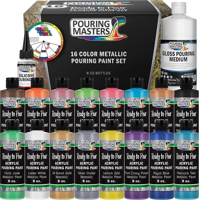 16-kleuren metallic gietacrylverfset 8oz ready to pour met siliconenolie en glansmedium