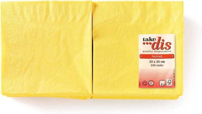 Servetten 2-Laags Geel | Grote verpakking 250 Stuks | Take Dis 14cmx14cm