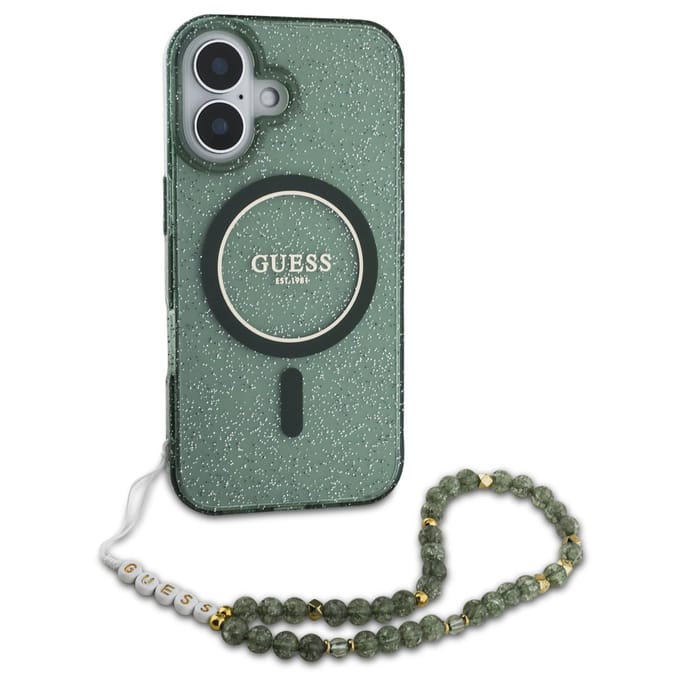 Guess geschikt voor MagSafe IML Glitter Case met beads strap geschikt voor iPhone 16 Pro Max - Green