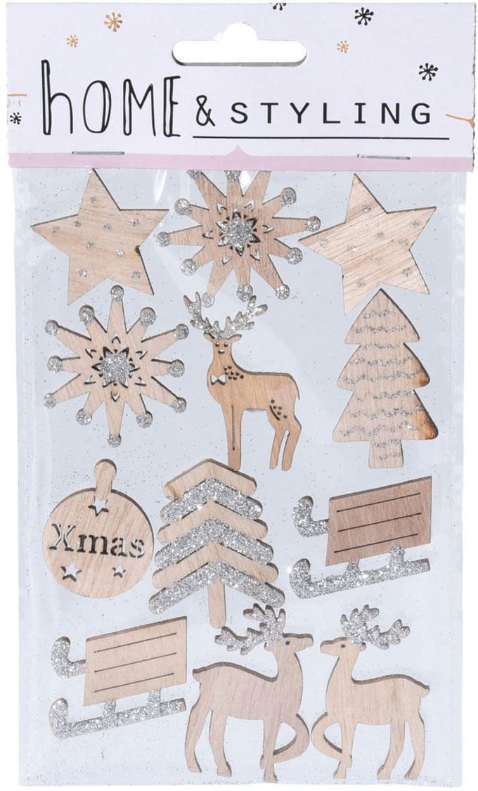 Houten Kerst Stickers met Glitters, 12st.