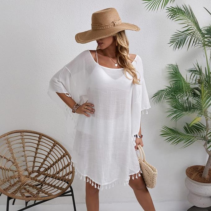 Kwastjes Strandshirt Holle Vlinder Losse Strand Vakantie Jurk one size wit