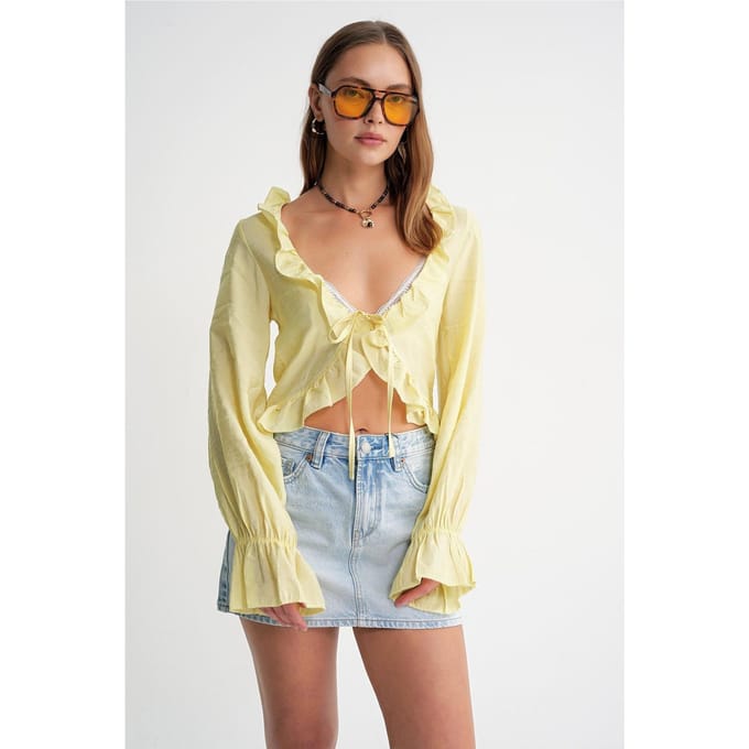 Rimpelige V-hals Lange Mouw Korte Blouse