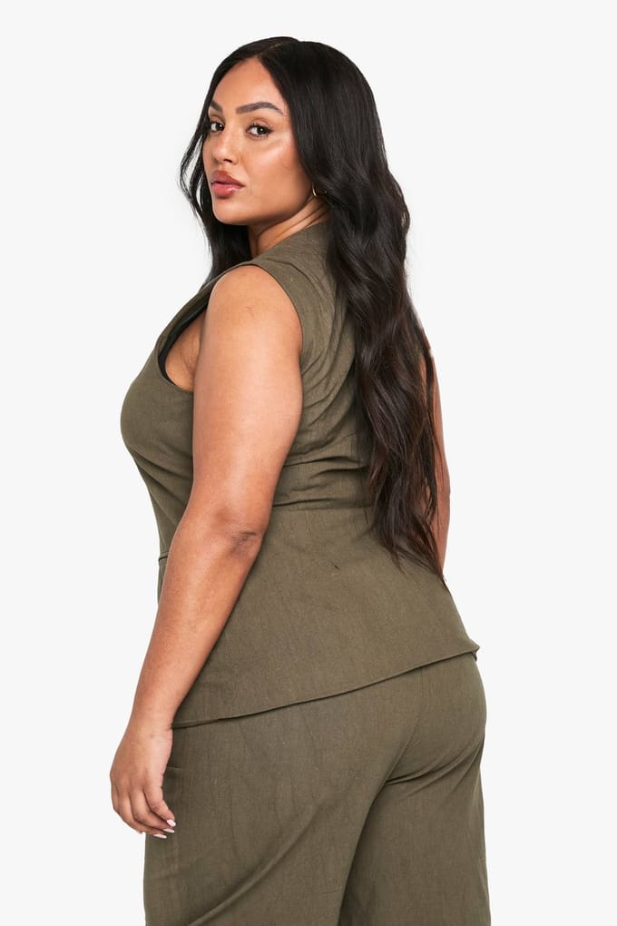 boohoo Dames Plus Halter Textured Linen Look Hesje | Kaki | Maat: 44