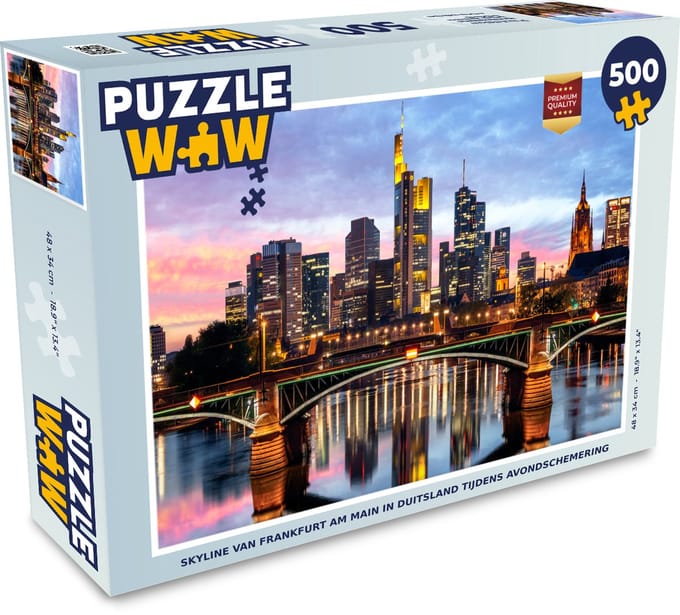 Puzzel Skyline van Frankfurt am Main in Duitsland tijdens avondschemering - Legpuzzel - Puzzel 500 stukjes
