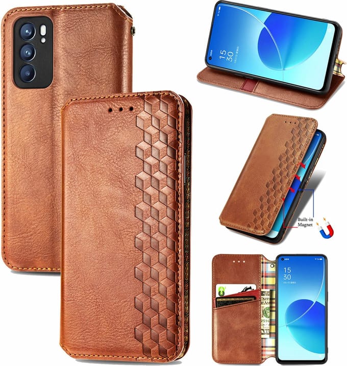 Luxe PU Lederen Ruitpatroon Wallet Case + PMMA Screenprotector voor OPPO Reno6 5G _ Bruin
