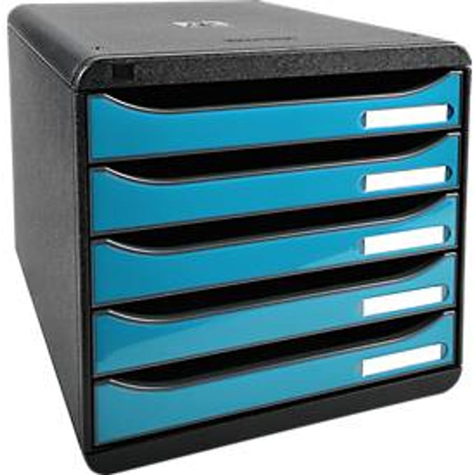 Exacompta Big Box Plus Iderama turquoise glanzend, 5 open laden A4/A4+/24x32, geruisloos, veiligheidsstop, stapelbaar