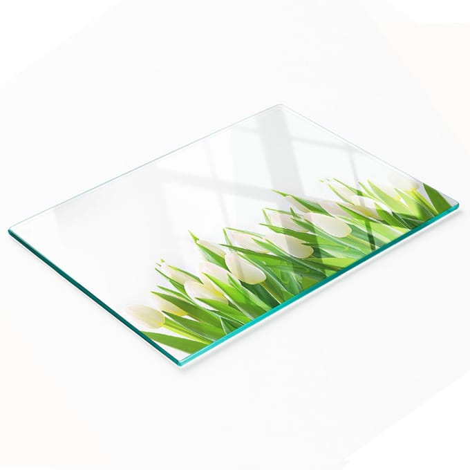 Keukenplank van gehard glas met decoratieve afbeelding van witte tulpen, 80x52 cm