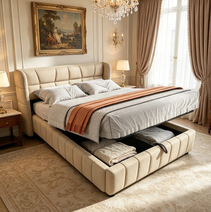Gestoffeerd bed 140x200 cm met pneumatisch opbergsysteem, linnen stoffen frame in beige