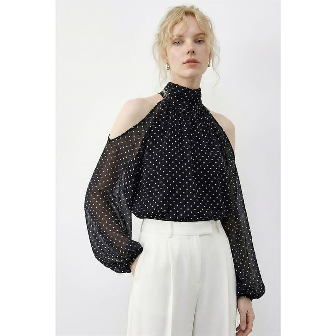 Polkadot Chiffon Colblouse met Uitsnijding