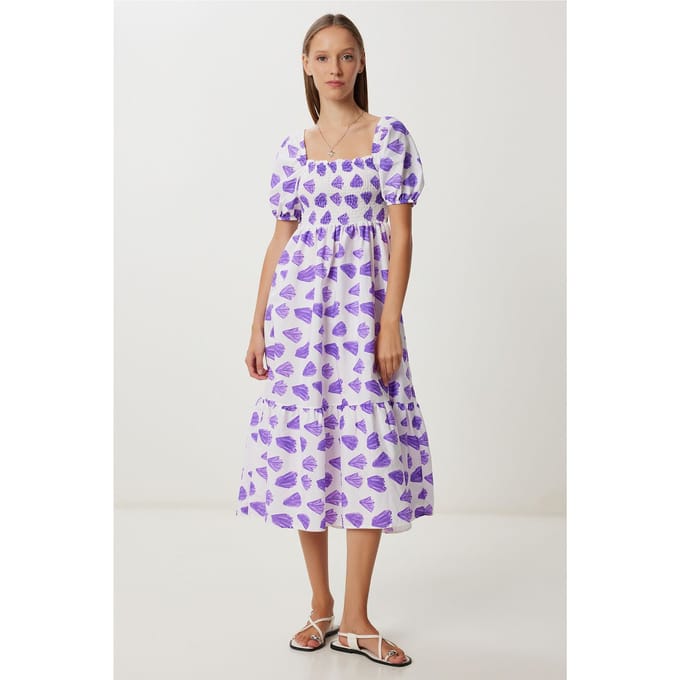 Fruity Abstract Print A-Lijn Midi Jurk met Vierkante Kraag