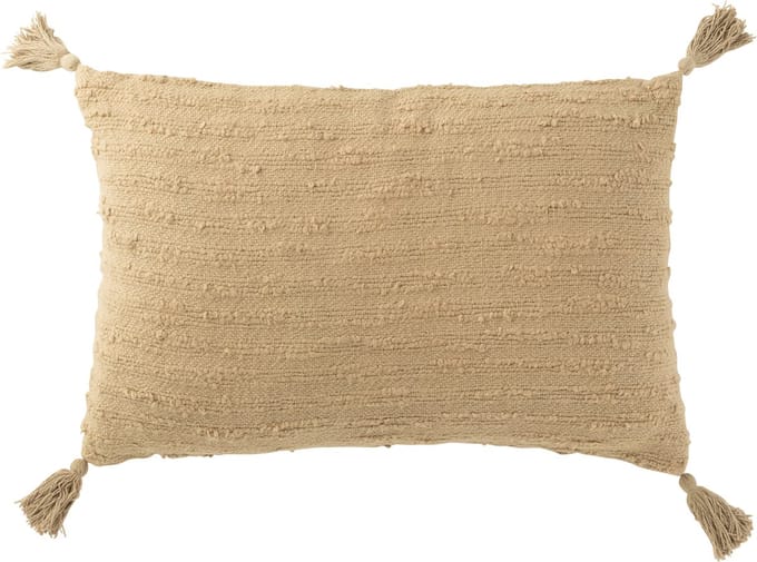 J-Line kussen rechthoek + kwasten - katoen - donker beige