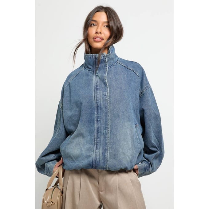 boohoo Dames Denim oversized bomberjack | Medium Gebleekt | Maat: 44