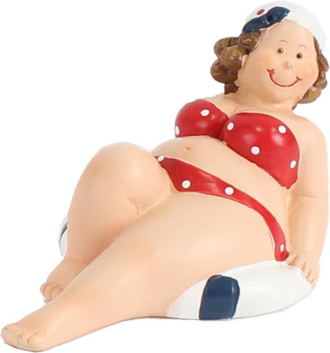 Home decoratie beeldje dikke dame - liggend - rood badpak - 10 cm
