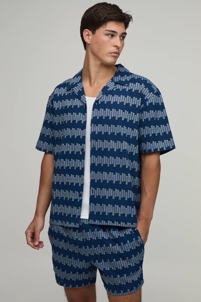 Geometrisch Gestreept Oversized Shirt & Relaxed Short Set | Navy | Size Medium