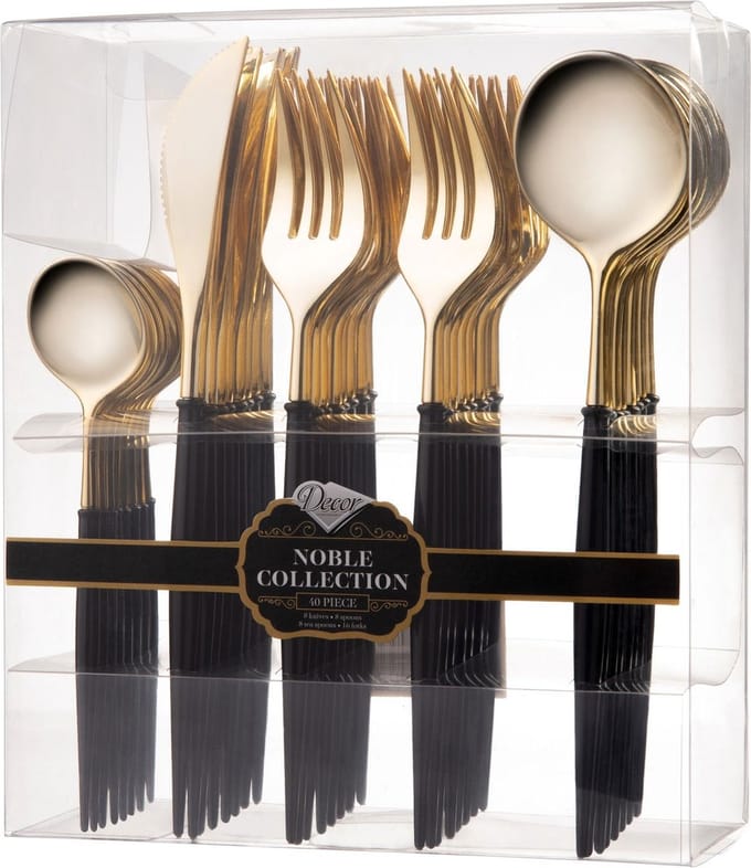 Decorline - Noble - Elegante Glanzend Goud /Zwart Bestekset 40stk- Kunstof