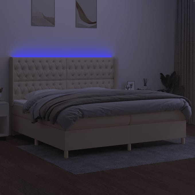 vidaXL - Boxspring - met - matras - en - LED - stof - crèmekleurig - 200x200 - cm