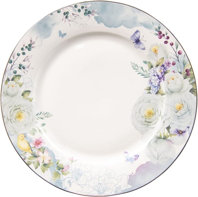Clayre & Eef Dinerbord Ø 26 cm Wit Blauw Porselein Bloemen