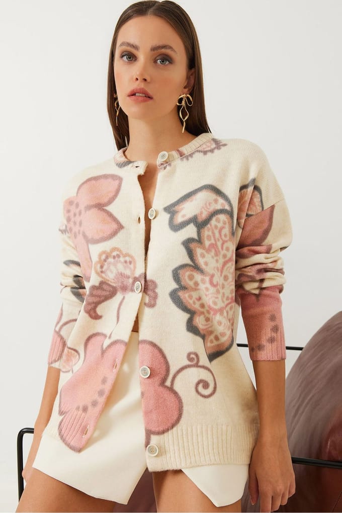 Textured Bloeiende Brei Cardigan met Knopen