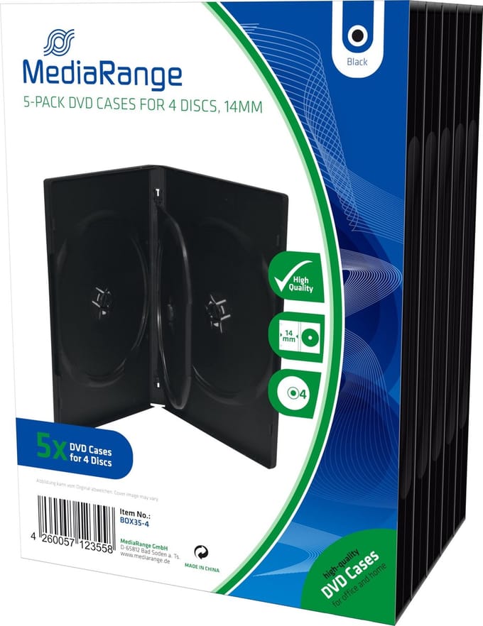 MediaRange | DVD Videobox | 14mm | 4 Disc | Zwart | 5 Stuks
