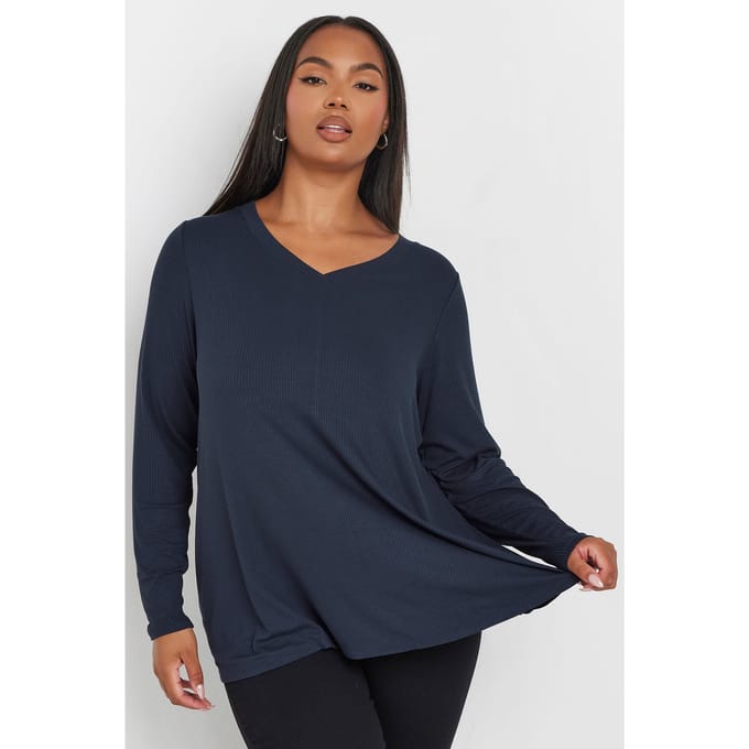 Yours Top Met Geribbelde Textuur En Vhals In Donkerblauw Size 48
