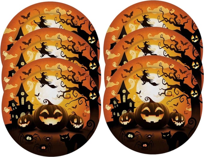 Fiestas Guirca Halloween/horror pompoen bordjes - 12x - zwart - papier - D23 cm