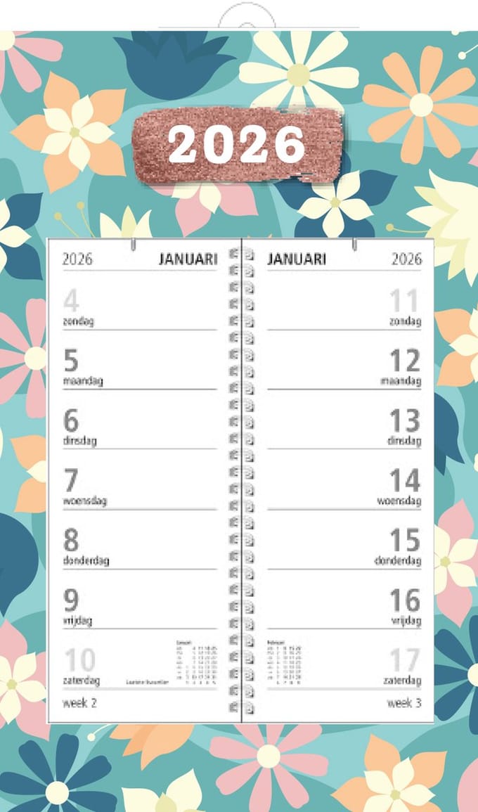 MGPcards - Omlegweekkalender 2026 - Week begint op zondag - 21 x 34 cm - Bloemen - Blauw