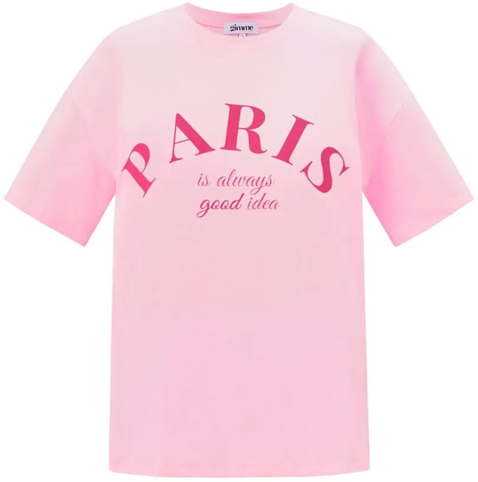 Oversized Cotton Vrouwen T-shirt met 'PARIS' Tekstprint - Roze - Maat S