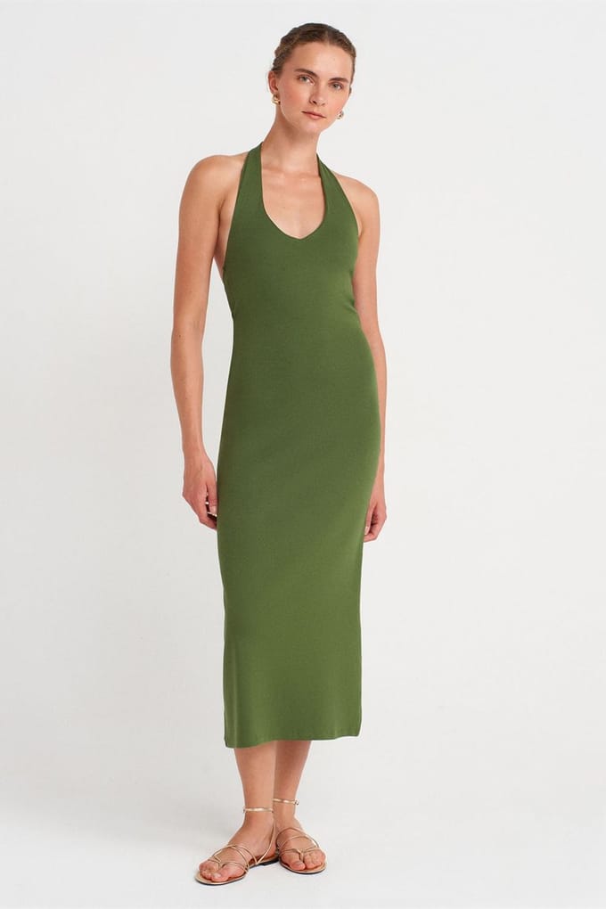 Dames Halter Nek Bodycon Midi Jurk