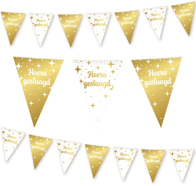 Q2P - Slinger - Geslaagd - Versiering - Decoratie - Examen - Vlaggenlijn - Goud & Wit - 10m
