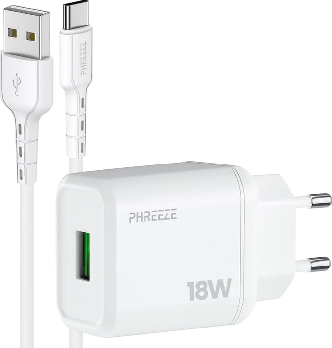 Phreeze usb adapter 5v 3a - Usb A naar usb C kabel 1 meter - Quick charge - Oplader voor telefoon en tablet